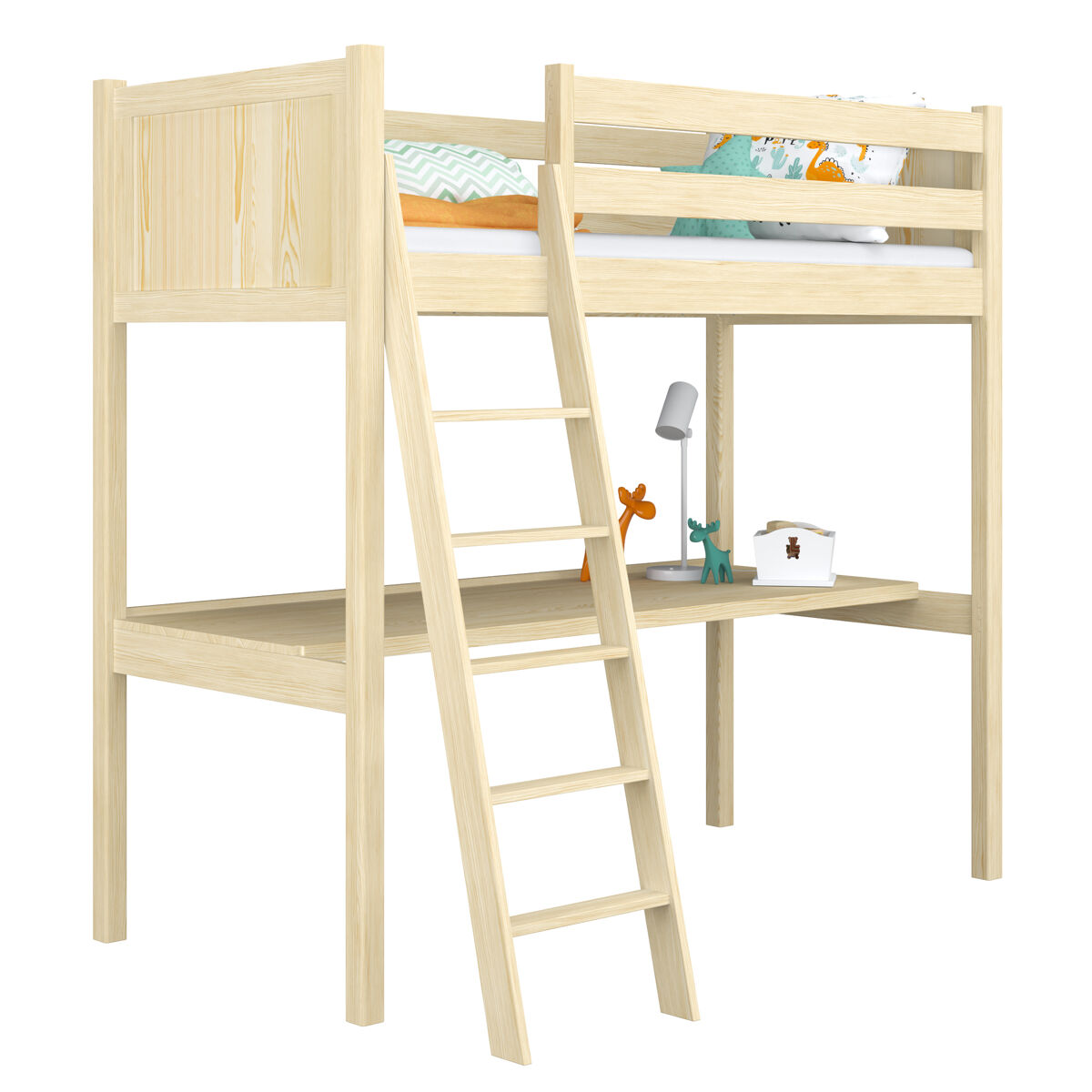cama alta de madera con escritorio n04 pino incoloro