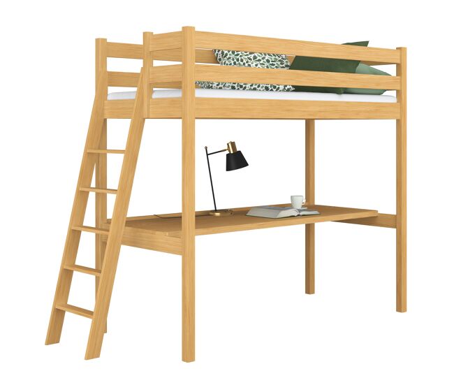 Cama alta de madera con escritorio n02 pino natural