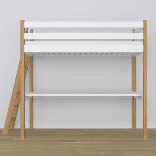 Cama alta de madeira com secretária N02 branco e carvalho