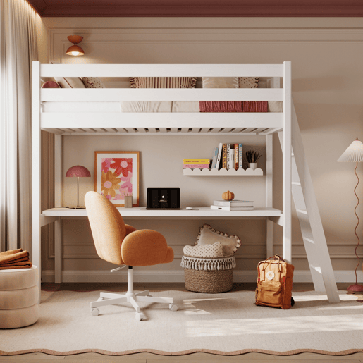 Cama alta de madeira com secretária N02 branco Cama alta de madeira com secretária N02 branco