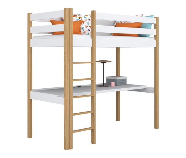 Cama alta de madera con escritorio n05 blanco / roble