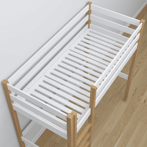 Cama alta de madeira com secretária N05 branco e carvalho