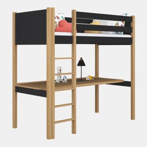 Cama alta de madeira com secretária N06 preto e carvalho