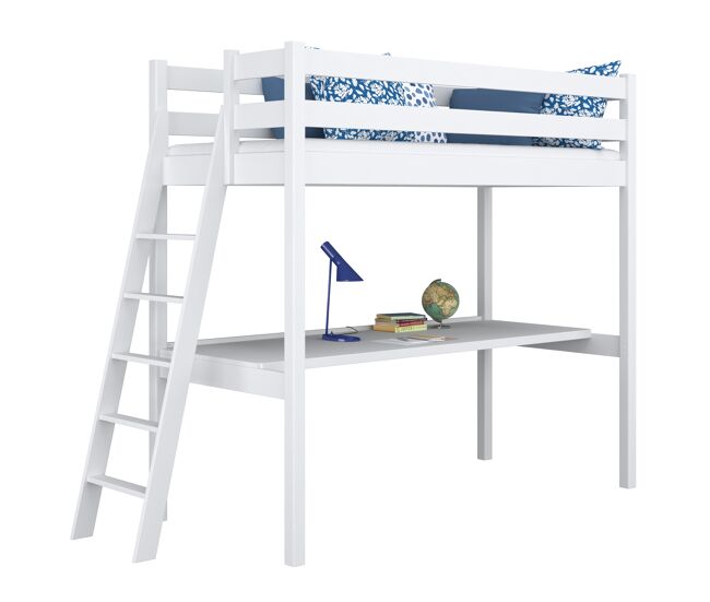 Cama alta de madera con escritorio n02 blanco