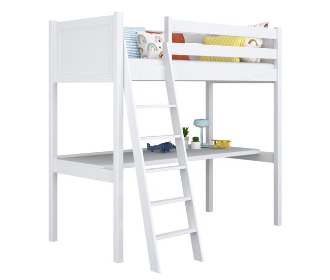 Cama alta de madera con escritorio n04 blanco