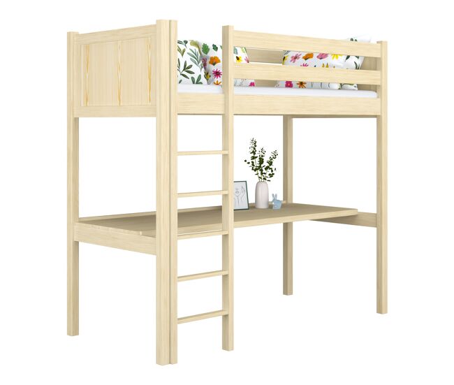 Cama alta de madera con escritorio n06 pino incoloro