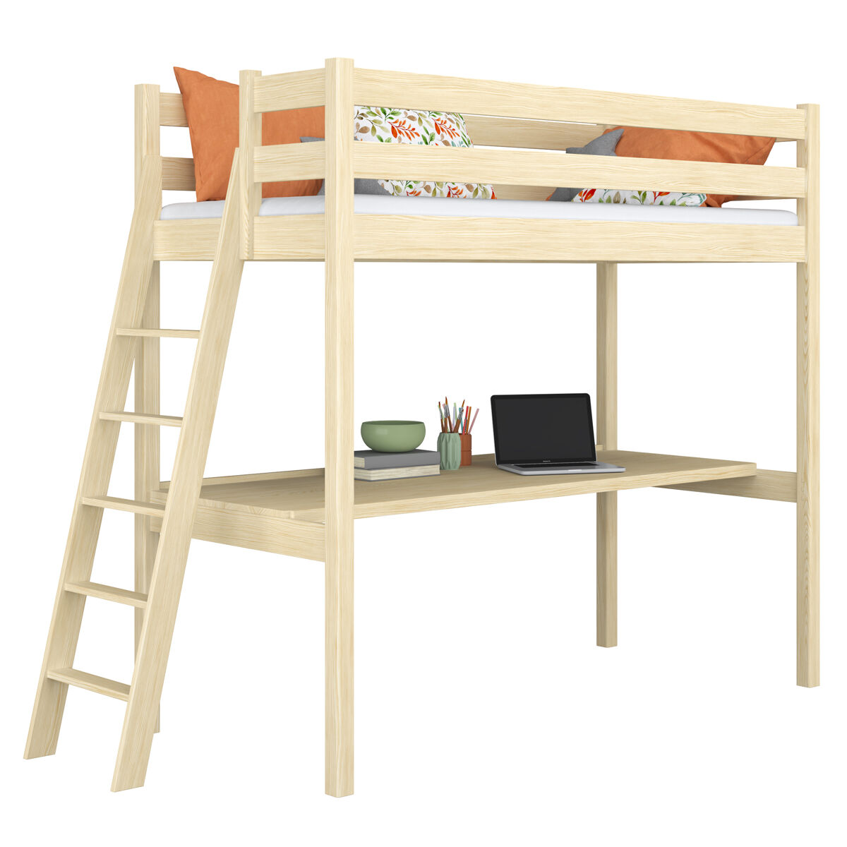 Cama alta de madera con escritorio N02 90x200