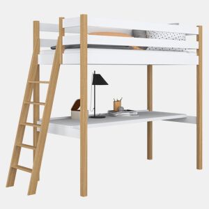 Cama alta de madeira com secretária N02 branco e carvalho