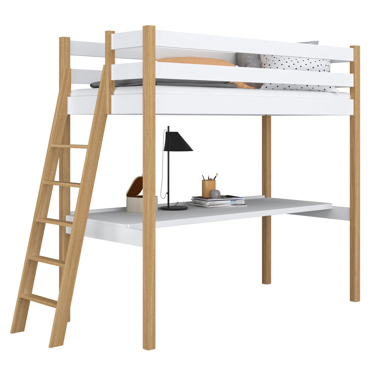 Cama alta de madera con escritorio N02 100x200