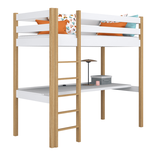 Cama alta de madeira com secretária N05 branco e carvalho