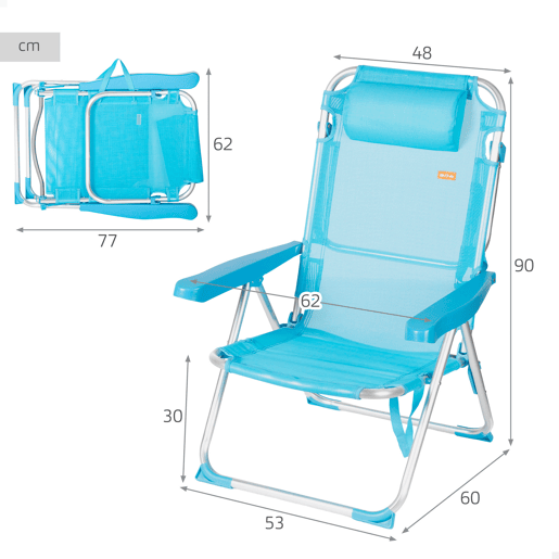 Aktive Cadeira de praia alta multiposições 48x60x90 cm azul Aktive Cadeira de praia alta multiposições 48x60x90 cm azul