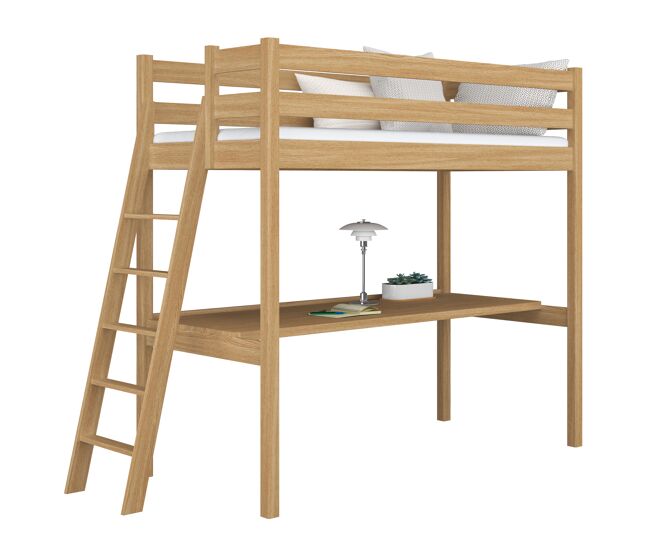 Cama alta de roble con escritorio n02 roble natural