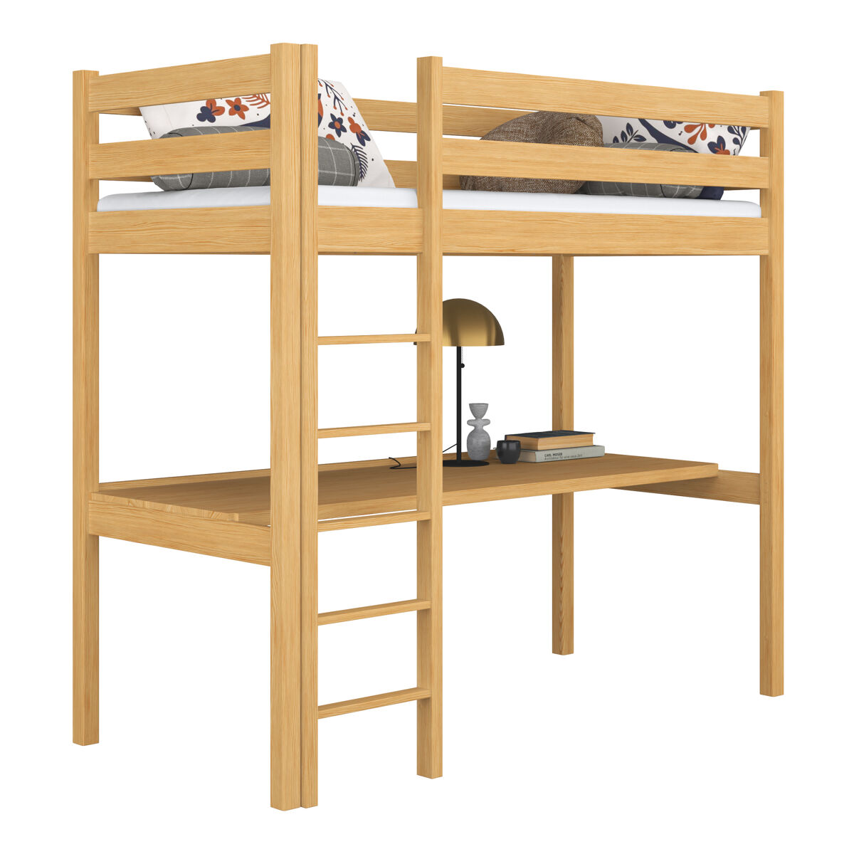 Cama alta de madera con escritorio N05 90x180