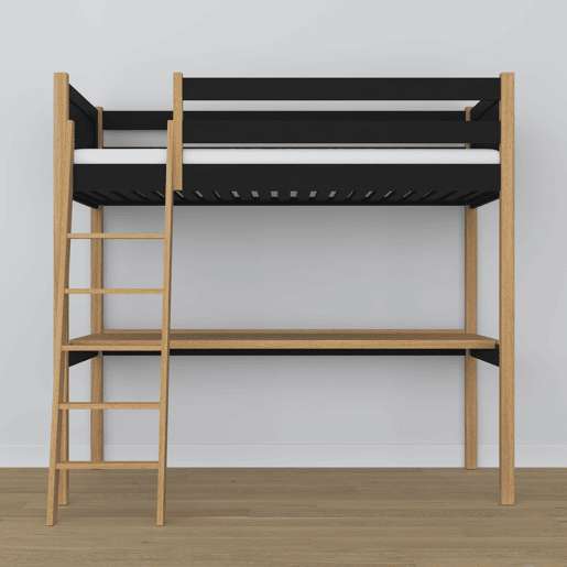 Cama alta de madeira com secretária N04 preto e carvalho