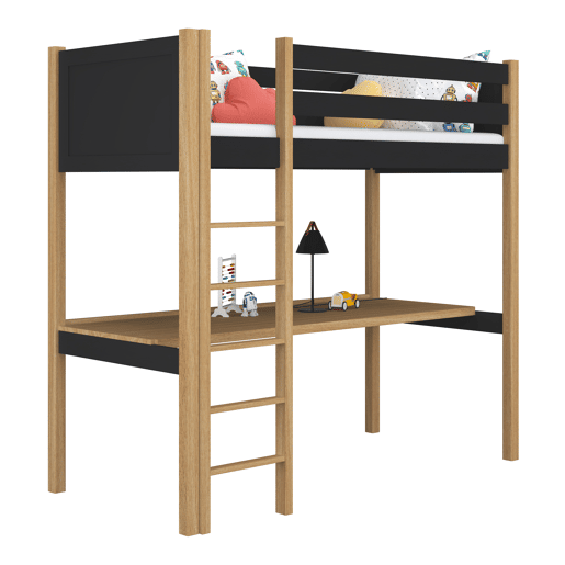 Cama alta de madeira com secretária N06 preto e carvalho
