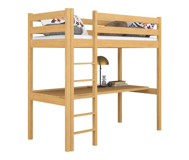 Cama alta de madera con escritorio n05 pino natural