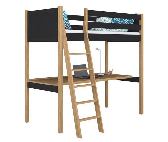 Cama alta de madera con escritorio n04 negro / roble