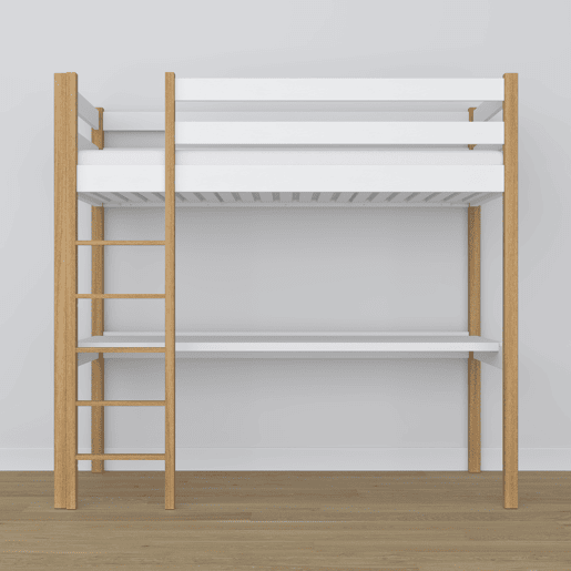 Cama alta de madeira com secretária N05 branco e carvalho