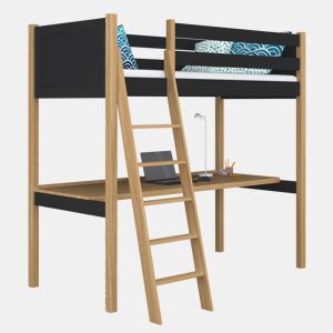 Cama alta de madeira com secretária N04 preto e carvalho