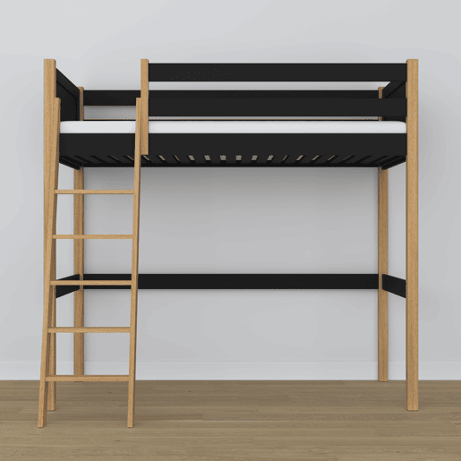 Cama alta de madeira N04 preto e carvalho