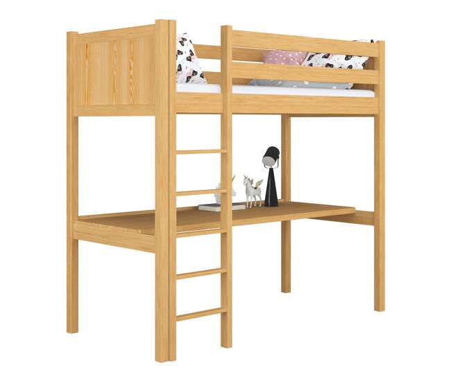 Cama alta de madera con escritorio n06 pino natural