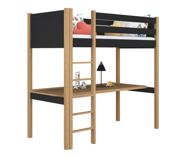 Cama alta de madera con escritorio n06 negro / roble