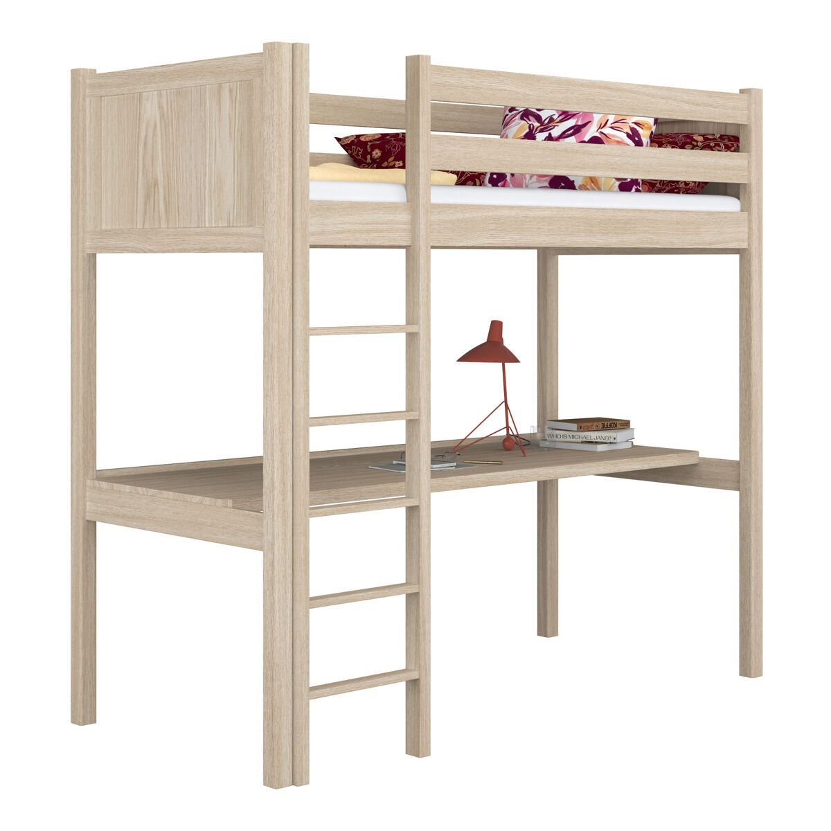 Cama alta de roble con escritorio N06 90x180