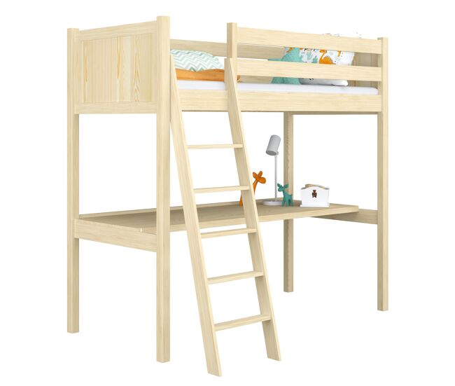 Cama alta de madera con escritorio n04 pino incoloro