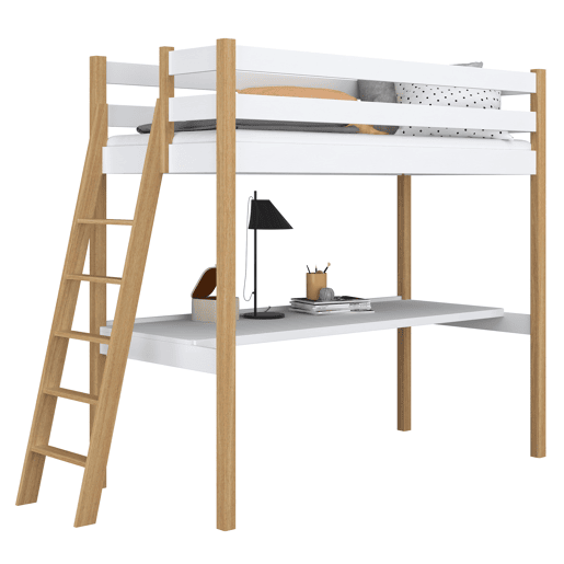 Cama alta de madeira com secretária N02 branco e carvalho