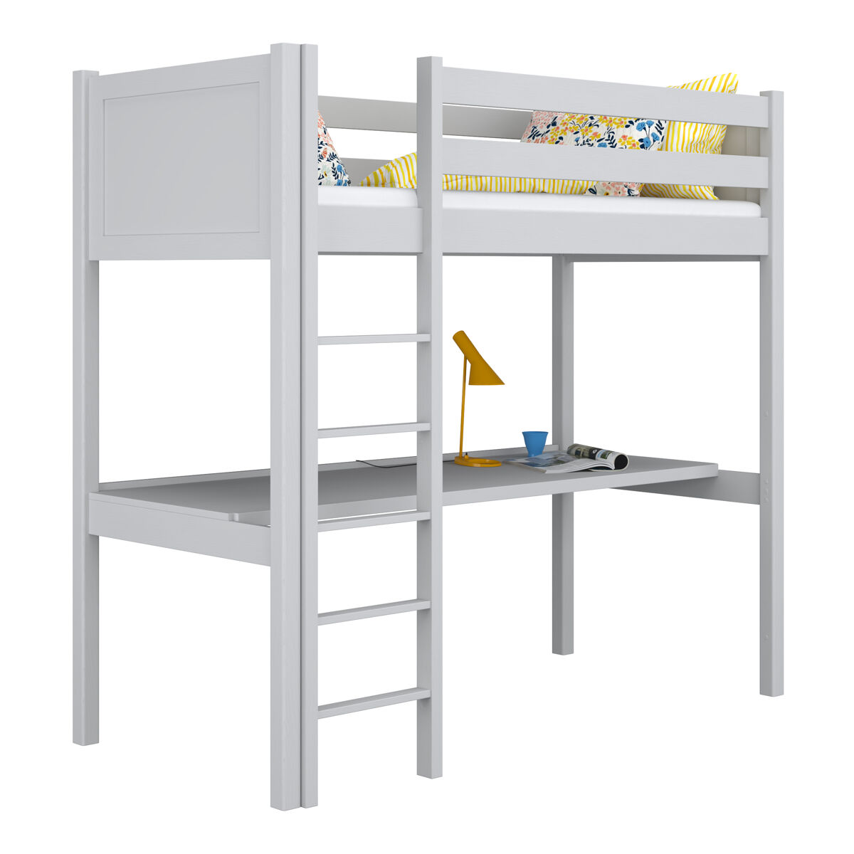 Cama alta de madera con escritorio n06 gris
