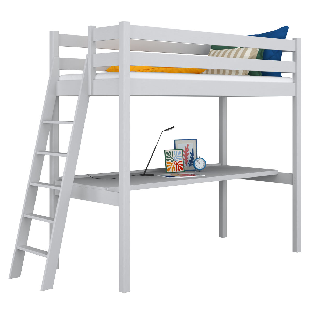 Cama alta de madera con escritorio n02 gris