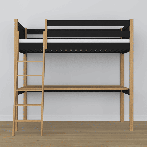 Cama alta de madeira com secretária N04 preto e carvalho
