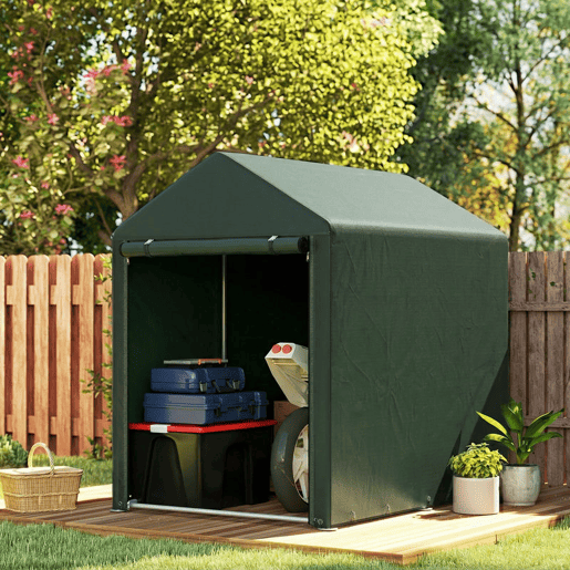 Outsunny Abrigo para Ferramentas Bicicletas e Motos 120x179x165 cm Garagem Portátil com 2 Habitações Porta com Fecho de Correr Impermeável Anti-UV para Jardim Verde Escuro