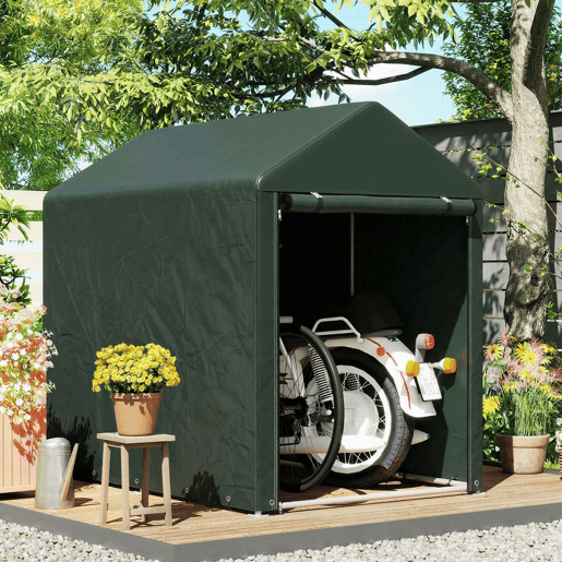 Outsunny Abrigo para Ferramentas Bicicletas e Motos 120x179x165 cm Garagem Portátil com 2 Habitações Porta com Fecho de Correr Impermeável Anti-UV para Jardim Verde Escuro