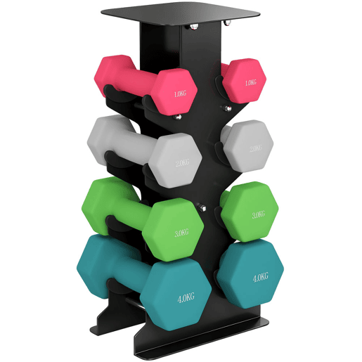 SPORTNOW Conjunto de Halteres de 8 Peças 20 kg Halteres Hexagonais 2x1kg 2x2kg 2x3kg 2x4kg com Suporte de Arrumação e Pegas Retas para Treino de Força em Casa ou Ginásio Multicolor
