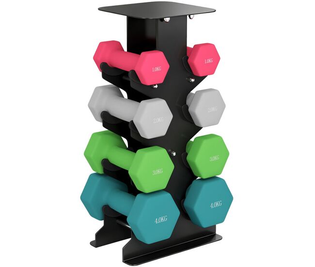 Sportnow juego de mancuernas de 8 piezas 20 kg, mancuernas hexagonales 2x1kg, 2x2kg, 2x3kg, 2x4kg, con soporte de almacenamiento y mango recto para entrenamiento de fuerza en casa gimnasio, multicolor