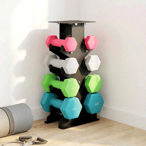 SPORTNOW Conjunto de Halteres de 8 Peças 20 kg Halteres Hexagonais 2x1kg 2x2kg 2x3kg 2x4kg com Suporte de Arrumação e Pegas Retas para Treino de Força em Casa ou Ginásio Multicolor