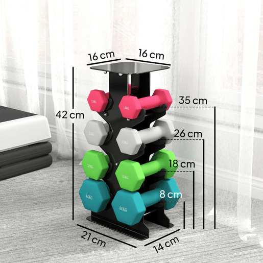 SPORTNOW Conjunto de Halteres de 8 Peças 20 kg Halteres Hexagonais 2x1kg 2x2kg 2x3kg 2x4kg com Suporte de Arrumação e Pegas Retas para Treino de Força em Casa ou Ginásio Multicolor