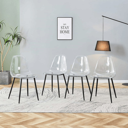 Cadeiras de sala de jantar, 4 unidades - Plástico transparente, pernas metálicas pretas, antiderrapantes e fáceis de limpar - Preto+Transparente