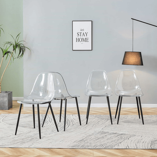 Cadeiras de sala de jantar, 4 unidades - Plástico transparente, pernas metálicas pretas, antiderrapantes e fáceis de limpar - Preto+Transparente