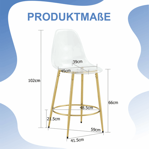 Conjunto de 2 bancos transparentes - Design flutuante, altura total: 102 cm - Dourado