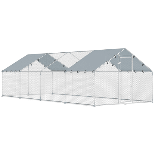 PawHut Galinheiro para Exterior Grande, 6,8x3x1,9 m, Galinheiro em Aço Galvanizado, Porta com Duplo Fecho, Cobertura em Tecido Oxford, Anti-UV e Impermeável, Design Acessível, para 20-30 Galinhas, Prata
