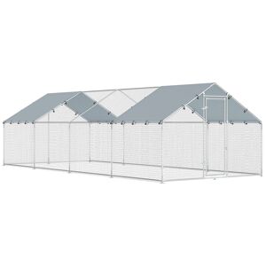 PawHut Galinheiro para Exterior Grande, 6,8x3x1,9 m, Galinheiro em Aço Galvanizado, Porta com Duplo Fecho, Cobertura em Tecido Oxford, Anti-UV e Impermeável, Design Acessível, para 20-30 Galinhas, Prata