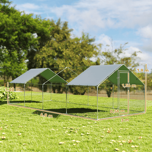 PawHut Galinheiro para Exterior Grande, 6,8x3x1,9 m, Galinheiro em Aço Galvanizado, Porta com Duplo Fecho, Cobertura em Tecido Oxford, Anti-UV e Impermeável, Design Acessível, para 20-30 Galinhas, Prata