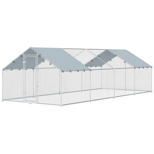 PawHut Galinheiro para Exterior Grande, 6,8x3x1,9 m, Galinheiro em Aço Galvanizado, Porta com Duplo Fecho, Cobertura em Tecido Oxford, Anti-UV e Impermeável, Design Acessível, para 20-30 Galinhas, Prata