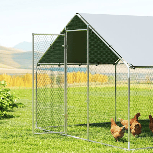 PawHut Galinheiro para Exterior Grande, 6,8x3x1,9 m, Galinheiro em Aço Galvanizado, Porta com Duplo Fecho, Cobertura em Tecido Oxford, Anti-UV e Impermeável, Design Acessível, para 20-30 Galinhas, Prata