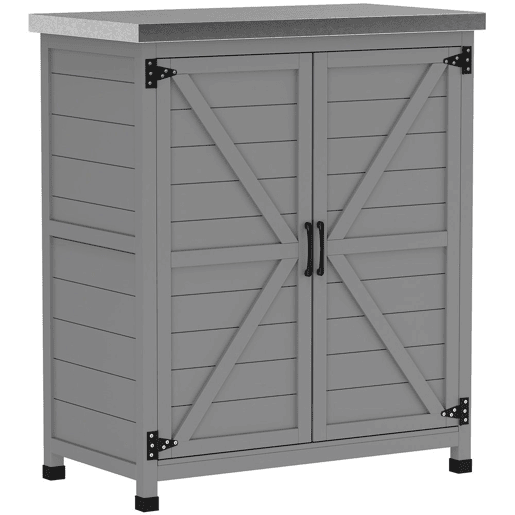Outsunny Armário de Exterior em Madeira Armário de Jardim com Tampo de Aço Galvanizado Prateleira 2 Portas Abrigo de Jardim para Armazenamento de Ferramentas 79x43x92 cm Cinza