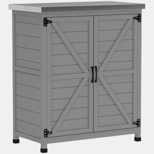 Outsunny Armário de Exterior em Madeira Armário de Jardim com Tampo de Aço Galvanizado Prateleira 2 Portas Abrigo de Jardim para Armazenamento de Ferramentas 79x43x92 cm Cinza