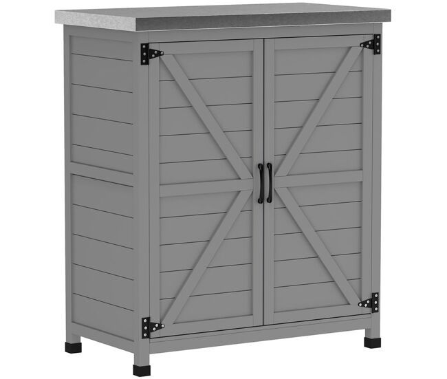 Outsunny armario de exterior de madera, caseta de jardín exterior con techo de acero galvanizado, estante, 2 puertas, cobertizo de jardín para almacenamiento de herramientas, 79x43x92 cm, gris