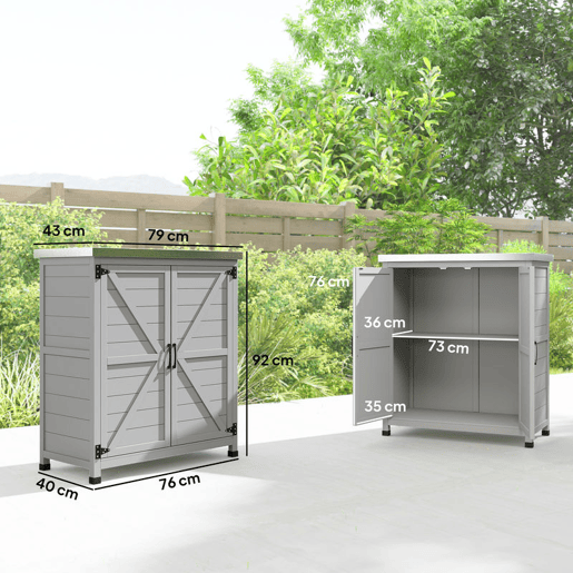 Outsunny Armário de Exterior em Madeira Armário de Jardim com Tampo de Aço Galvanizado Prateleira 2 Portas Abrigo de Jardim para Armazenamento de Ferramentas 79x43x92 cm Cinza